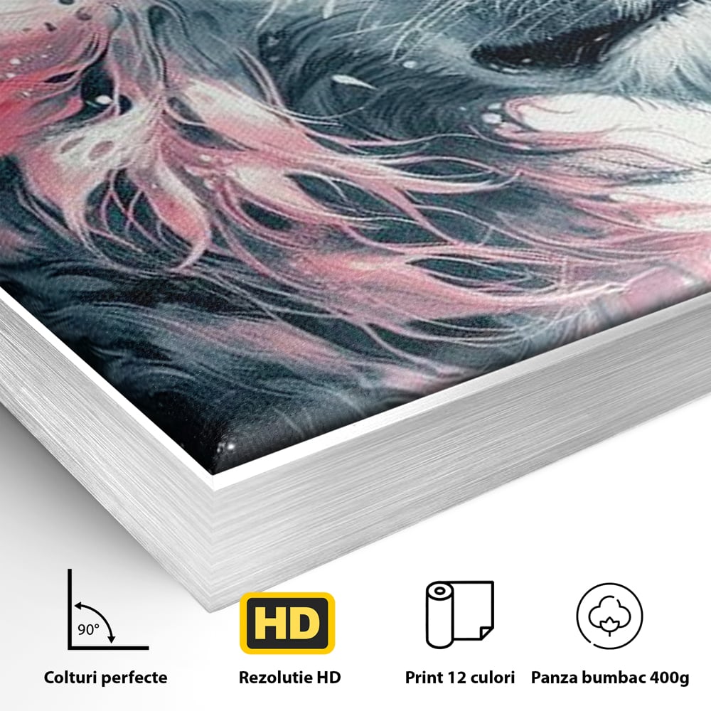 Detaliu al suprafetei: tablou canvas cu leu in profil, in rama de aluminiu argintiu